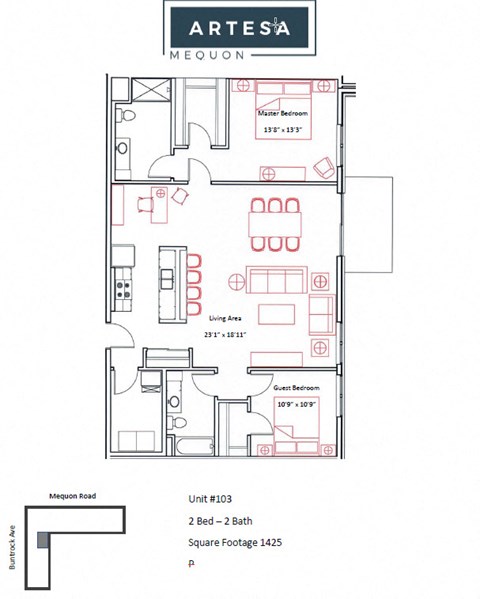 Floor plan for 2 beds, 2 baths, 1425 sqft